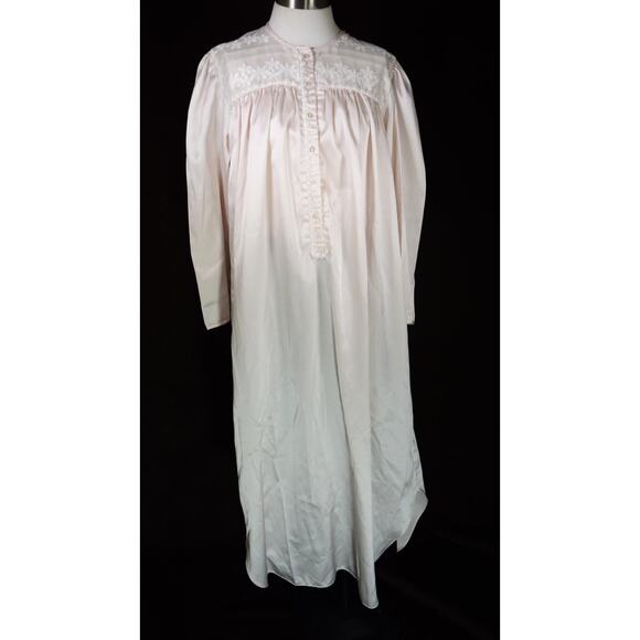 Flannel Backed Satin Night Gown Midi Lace Embroidery Grannycore Tiny Flaw - Picture 4 of 15